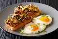 Bruschetta with shiitake mushrooms and cheddar cheese served with fried eggs close-up. Breakfast is healthy. Horizontal Royalty Free Stock Photo