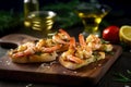 Bruschetta with shrimps, garlic and olive oil on a wooden board