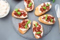 Bruschetta with sun dried tomato, feta and philadelphia cheese and basil on stone plate, horizontal, top view, closeup Royalty Free Stock Photo