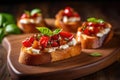 Bruschetta with sun-dried tomatoes and baked peppers, feta cheese and basil on a wooden background