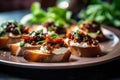 Bruschetta with sun-dried tomatoes, cheese, basil and capers. Traditional appetizer for aperitivo in Italy. Crostini. Generative