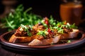 Bruschetta with sun-dried tomatoes, cheese, basil and capers. Traditional appetizer for aperitivo in Italy. Crostini. Generative