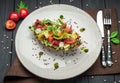 Bruschetta with sun-dried tomatoes, cream cheese, avocado and fresh vegetables Royalty Free Stock Photo