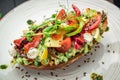 Bruschetta with sun-dried tomatoes, cream cheese, avocado and fresh vegetables Royalty Free Stock Photo