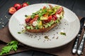 Bruschetta with sun-dried tomatoes, cream cheese, avocado and fresh vegetables Royalty Free Stock Photo