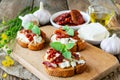 Bruschetta with sun-dried tomatoes, goat cheese and basil Royalty Free Stock Photo