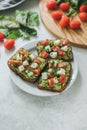 Bruschetta toast with guacamole and tomatoes