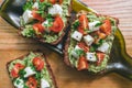 Bruschetta toast with guacamole and tomatoes