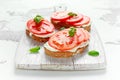 Bruschetta, toast with soft cheese, basil and tomatoes on a white wooden board. Italian healthy snack, food. Royalty Free Stock Photo