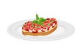 Bruschetta with Tomato and Cheese Garnished with Kitchen Herb Vector Illustration