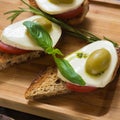 Bruschetta with tomato, mozarella and olive Royalty Free Stock Photo