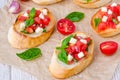 Bruschetta with tomato, onion, cheese and fresh basil Royalty Free Stock Photo