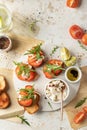 Bruschetta with tomatoes, arugula, olive oil and cheese on plate on textured background. Fresh italian toasts top view