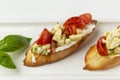 Bruschetta with tomatoes and cheese on a plate. Appetizing starter. White background. Space for text Royalty Free Stock Photo