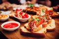 Bruschetta with tomatoes fried olive oil bread Italian cuisine in restaurant.