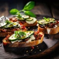 Bruschetta with tomatoes, herbs and butter on fried garlic cheese bread