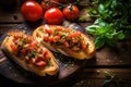 Bruschetta with tomatoes, herbs and oil on toasted garlic cheese bread on a dark wooden table