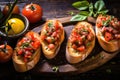 Bruschetta with tomatoes, herbs and oil on toasted garlic cheese bread on a dark wooden table