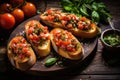 Bruschetta with tomatoes, herbs and oil on toasted garlic cheese bread on a dark wooden table