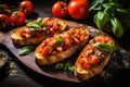 Bruschetta with tomatoes, herbs and oil on toasted garlic cheese bread on a dark wooden table