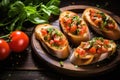 Bruschetta with tomatoes, herbs and oil on toasted garlic cheese bread on a dark wooden table