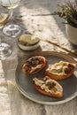 Bruschettas or toasts with cheese and fried mushrooms with thyme