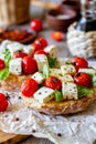 Bruschettas with tomatoes and cheese. Italian cuisine. Rustic style. Vegetarian food Royalty Free Stock Photo