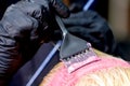 Brush applying pink dye on hair. Royalty Free Stock Photo