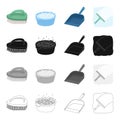 Brush for cleaning, a bowl with detergent, a dustpan, a brush for washing the glass. Cleaning set collection icons in
