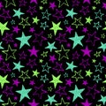 Brush drawn textured neon stars seamless vector pattern