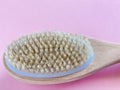 Brush for dry anti-cellulite massage or brushing in the hand of a girl in soft pink colors.  Beauty concept Royalty Free Stock Photo