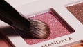 Brush gains satin duochrome on pile to be used in make-up. Artist working with eyeshadows palette. Macro view of working