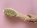 Brush with a handle for dry anti-cellulite massage or brushing in the hand of a girl in soft pink colors.  Beauty concept Royalty Free Stock Photo