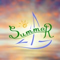 Brush lettering colorful composition of summer vacation with handwritten sailboat and doodle sun
