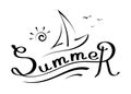 Brush lettering composition of summer vacation with handwritten sailboat, seagull and funny sun on white background