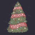 Brush lettering greeting placed in a color form of a decorated Christmas tree and saying Have a Merry Christmas