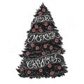 Brush lettering greeting placed in a form of a decorated Christmas tree and saying Have a Merry Christmas