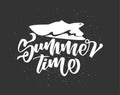 Brush lettering of Summer Time with silhouette of yacht on dark background