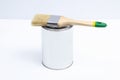 The brush lies on a can of white paint on a white background. Renovation Royalty Free Stock Photo
