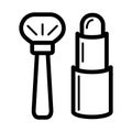 Brush and lipstick simple vector icon. Black cosmetics illustration on white background. Outline linear beauty icon.