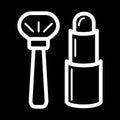 Brush and lipstick simple vector icon. White cosmetics illustration on black background. Outline linear beauty icon.