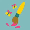 Brush with paint and butterflies. Color vector illustration