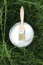 Brush on the paint can in high grass, top view Royalty Free Stock Photo