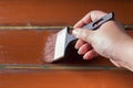 Brush with paint in hand. A man paints blue boards in a brown paint brush. Royalty Free Stock Photo