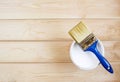 Brush and paint on wooden boards Royalty Free Stock Photo