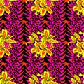 Brush painted tiger seamless pattern. Pink leopard spots and yellow lilly background.