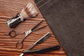 Brush and razor for shaving beard. Concept background of hair salon men, barber shop Royalty Free Stock Photo
