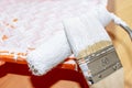 Brush and roller in used paint tray, apartment repair, painting and design concept. Royalty Free Stock Photo