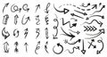 Arrow vector line set. Charcoal hand drawn pencil arrows. Doodle curved chalk darts. Royalty Free Stock Photo