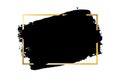 Brush stroke, gold text box, isolated white background. Black paint brush. Grunge texture stroke frame. Ink design